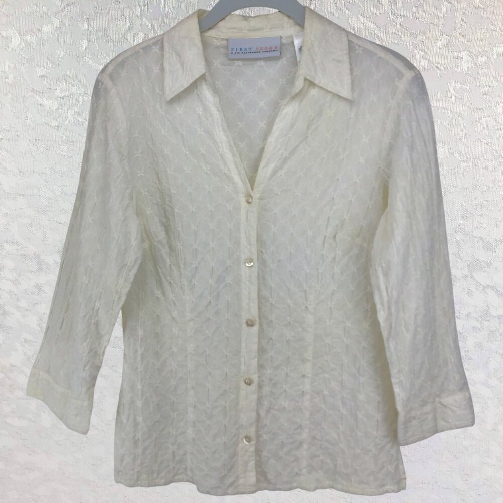 Liz Claiborne First Issue White Lace V-Neck Long Sleeve Button-Up Blouse Size M